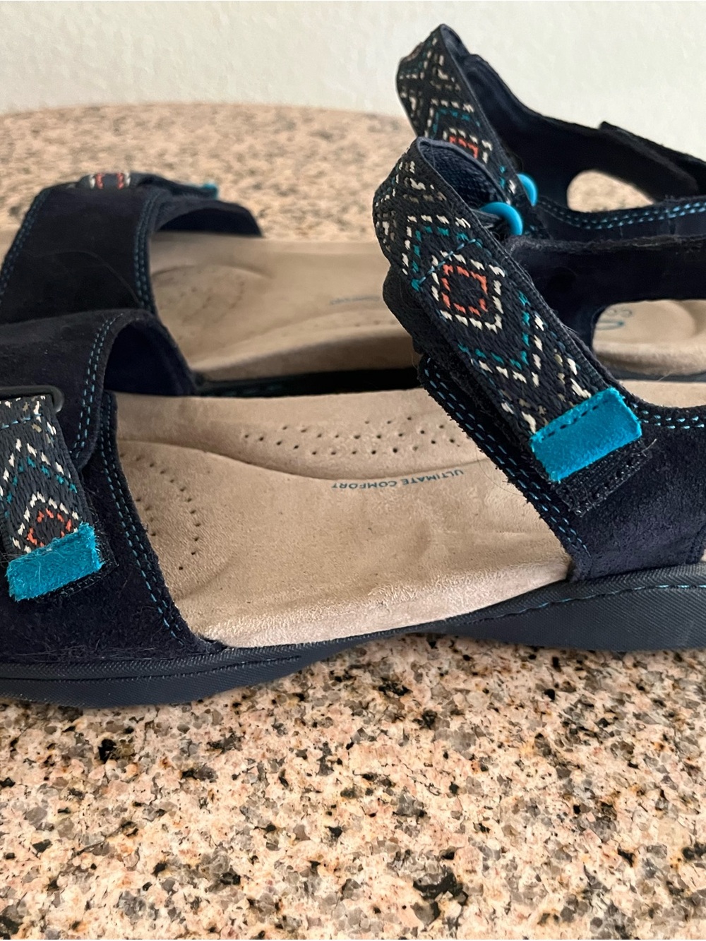 Clarks Navy Suede Adjustable Strap Sandals with Teal Accents Sz 9 - Picture 2 of 5